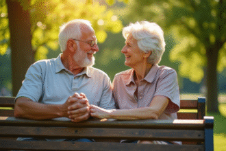 Couple senior assis sur un banc ensoleille dans un parc