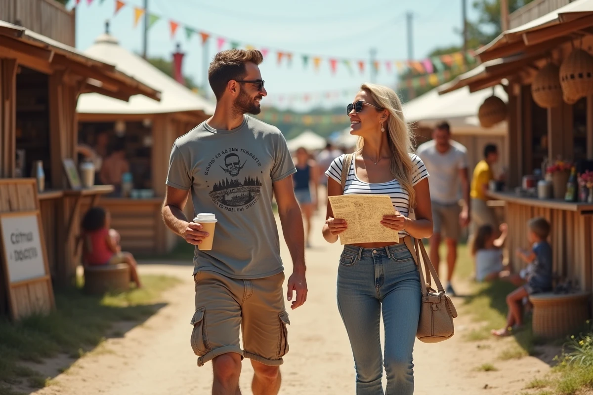 Couple se promenant entre les stands du festival Vieilles Charrues avec une carte du site en main