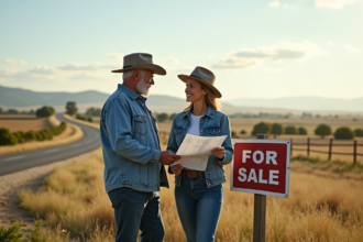 Couple discutant devant panneau vente terrain rural