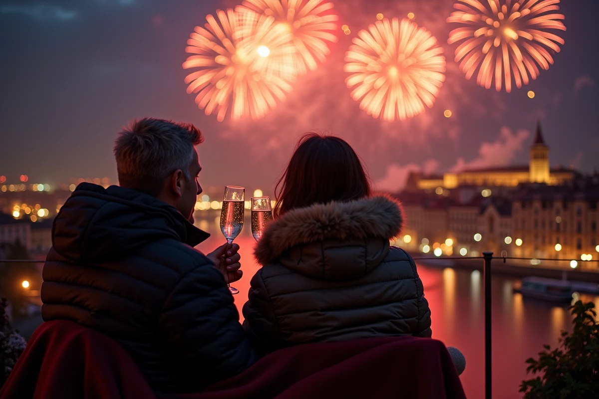 Couple sur une terrasse de Lyon portant un toast au champagne sous le feu d'artifice du Nouvel An