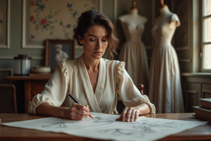 Femme en robe d époque dessinant dans un atelier parisien