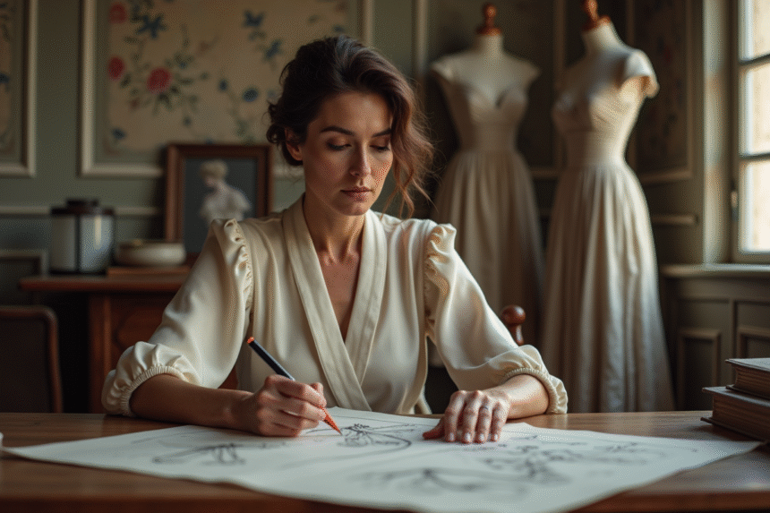 Femme en robe d époque dessinant dans un atelier parisien