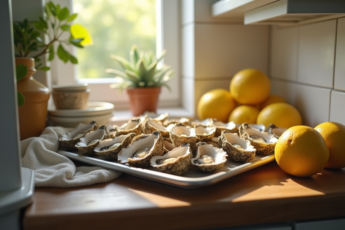 Huitres dans une cuisine avec citrons et lumière du matin