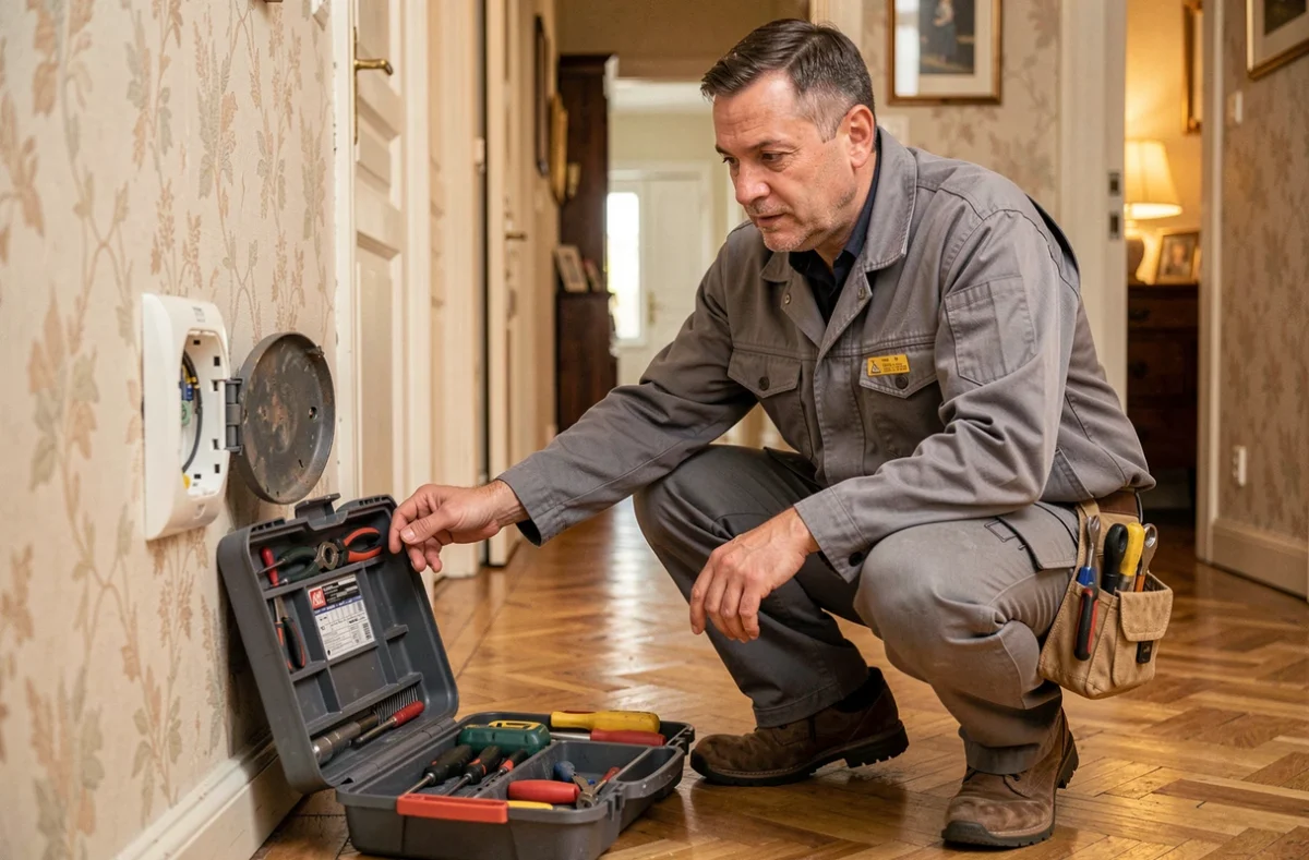 Électricien D'ambra effectuant un dépannage électrique dans un appartement français, outil à la main