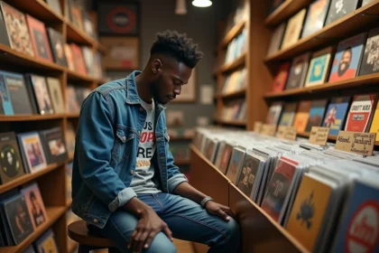 Jeune homme dans un disquaire indépendant découvrant des vinyles de chanteurs américains