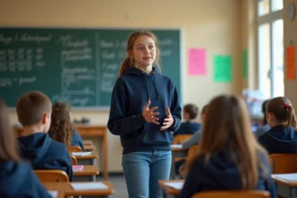Déléguée de classe adolescente s'exprimant devant ses camarades dans une salle de classe française, favorisant le dialogue et la résolution de conflits