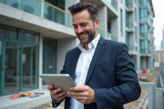 Agent immobilier avec tablette sur chantier en construction