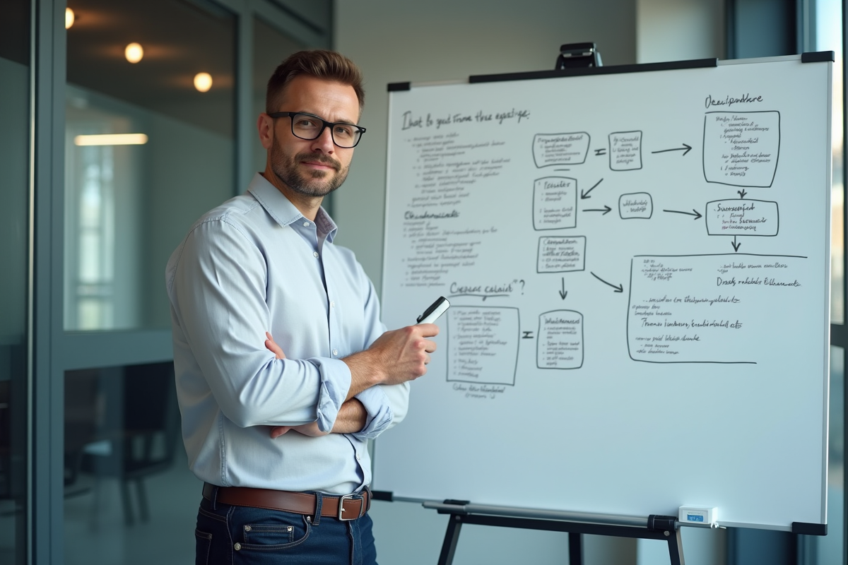 Développeur avec tableau blanc de pseudocode et schémas