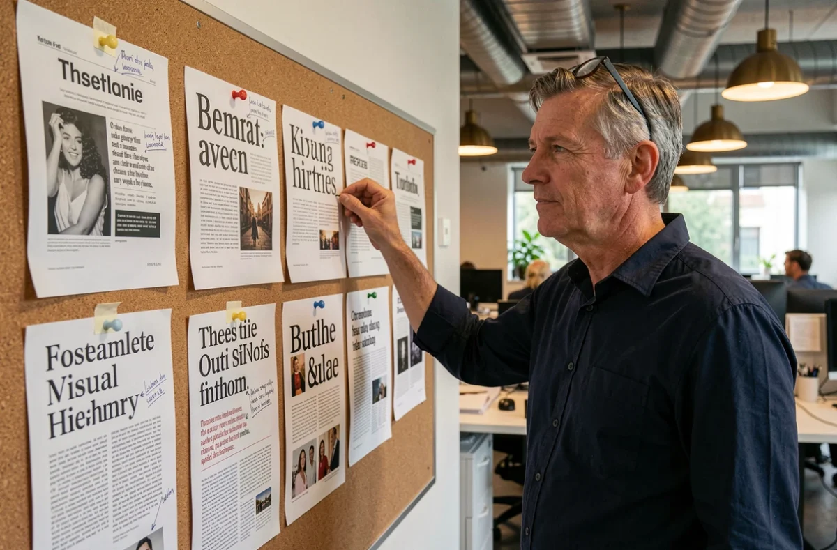 Directeur artistique évaluant des maquettes de mises en page avec erreurs de typographie serif et sans-serif épinglées sur un tableau d'agence de design