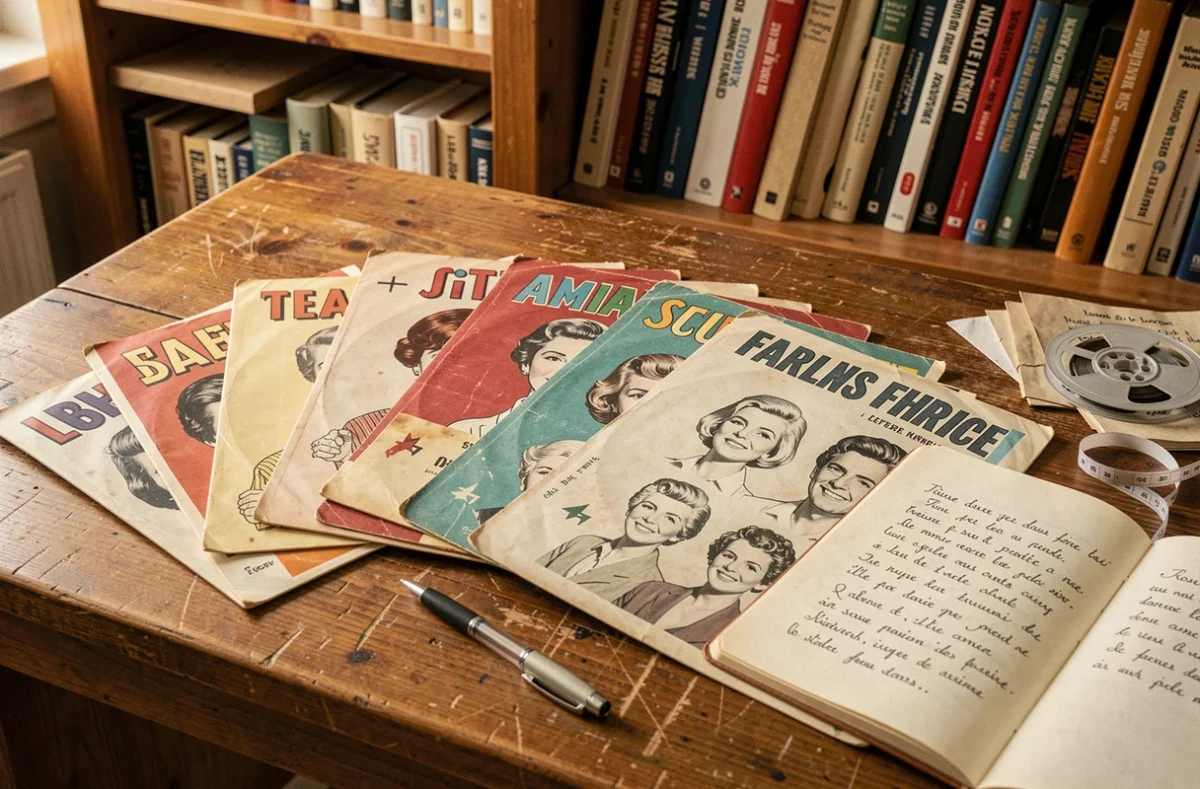 Collection de disques vinyles 45 tours français des années 60 avec pochettes vintage et paroles manuscrites sur un bureau en bois
