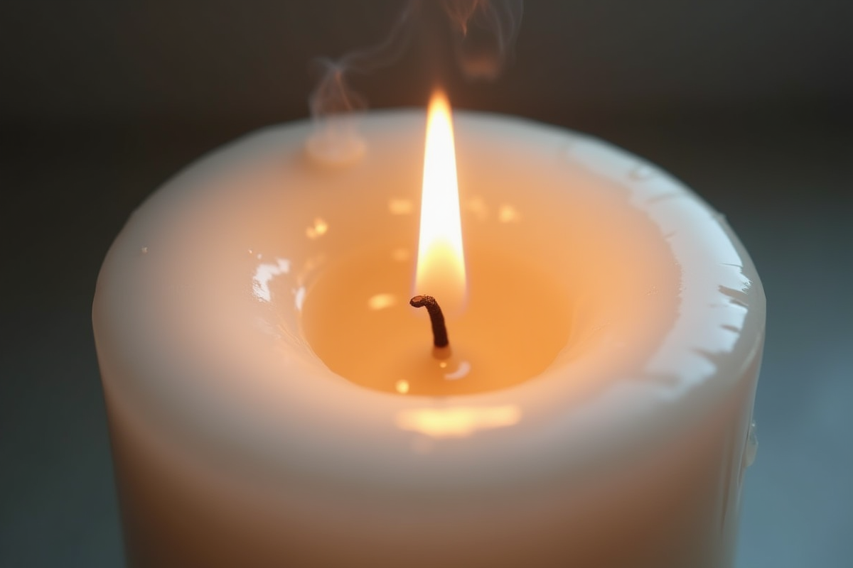 Zoom sur la flamme d une bougie blanche avec fumée légère