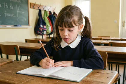 Jeune écolière écrivant un poème dans son cahier en classe de primaire