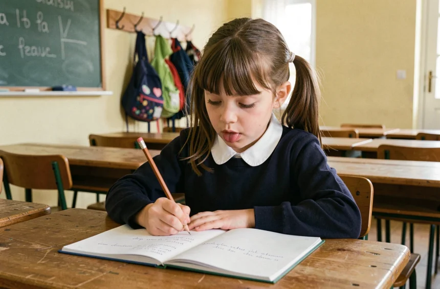 Jeune écolière écrivant un poème dans son cahier en classe de primaire