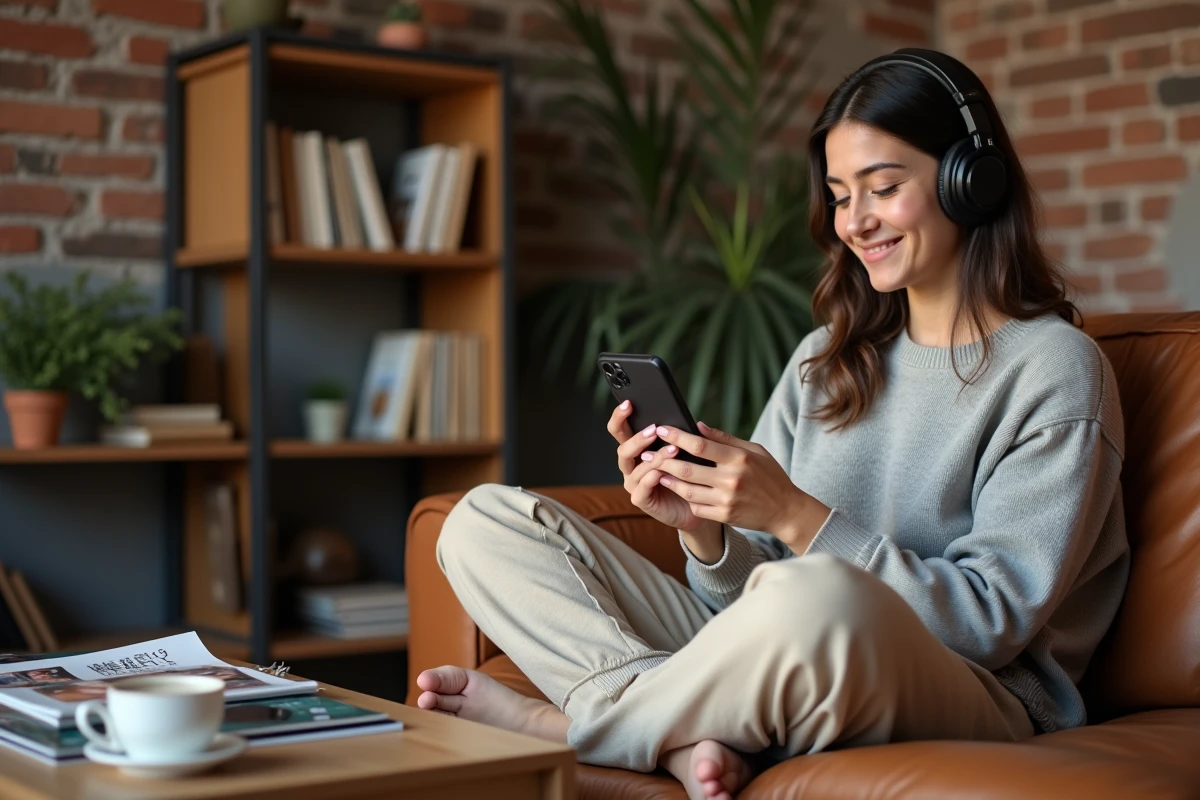 Femme écoutant de la musique américaine en streaming sur son canapé avec un casque audio