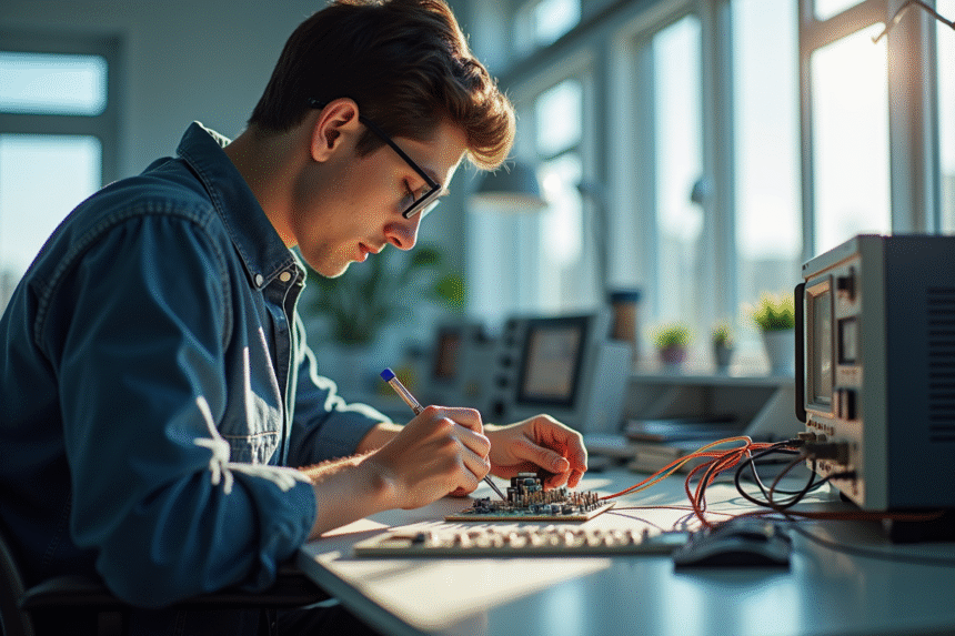 Etudiant en laboratoire d électronique examinant un circuit