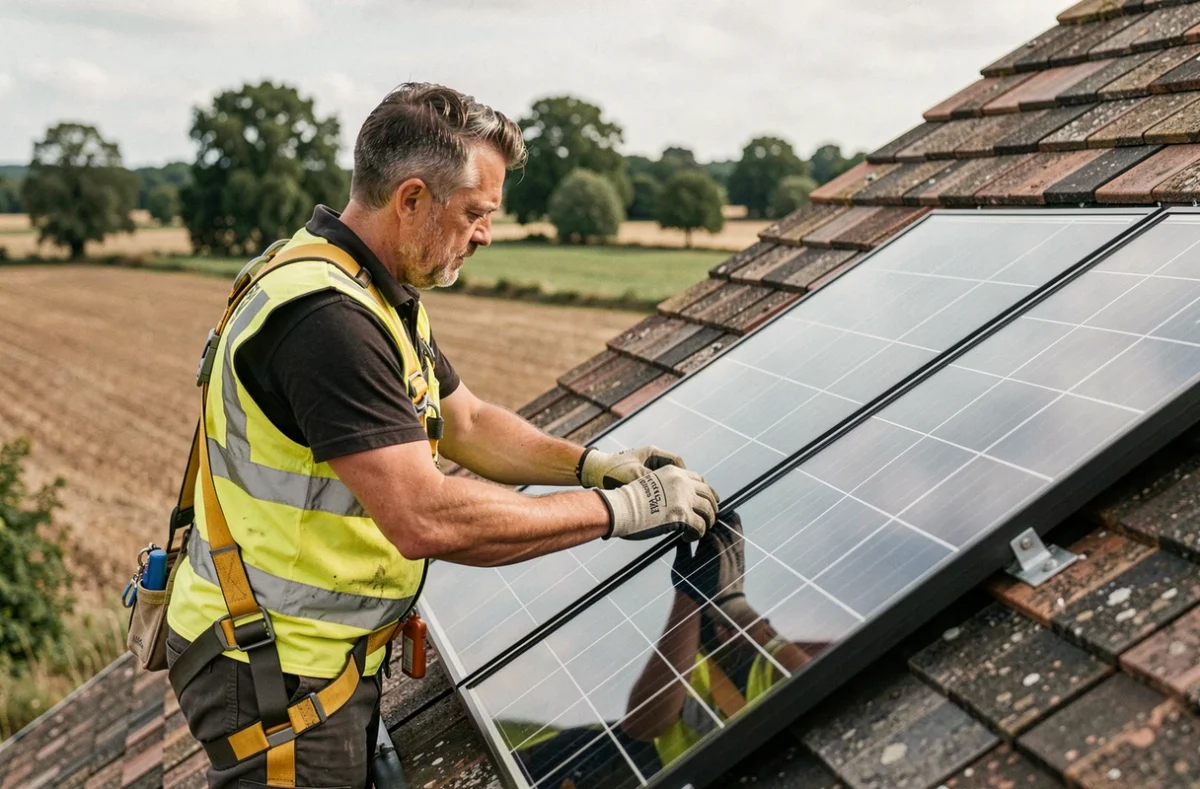 Technicien Energies Toitures installant des panneaux solaires thermiques sur un toit à Saint-Laurent-la-Gâtine