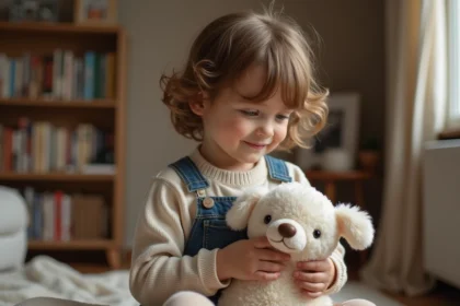 Jeune enfant fasciné par un jouet Tchoupie dans un salon chaleureux