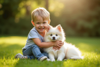 Enfant souriant avec un chien Spitz sur la pelouse en plein jour