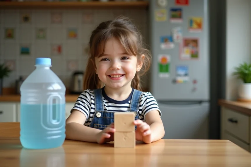 Fille souriante de 8 ans empilant des cubes dans la cuisine