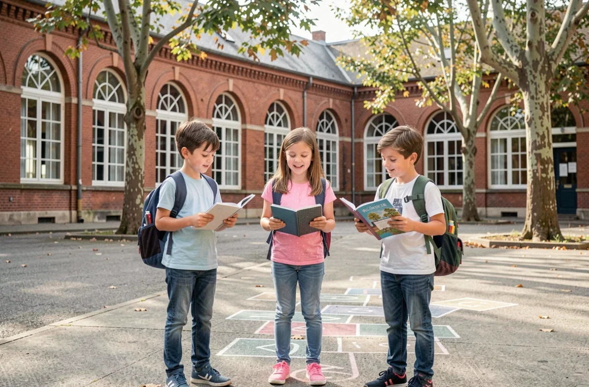 Groupe d'enfants lisant un poème de rentrée dans la cour d'école
