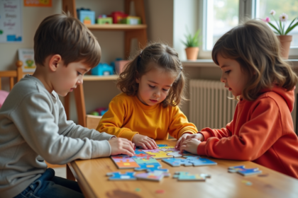 Enfants autour d'un puzzle coloré dans une salle de jeux