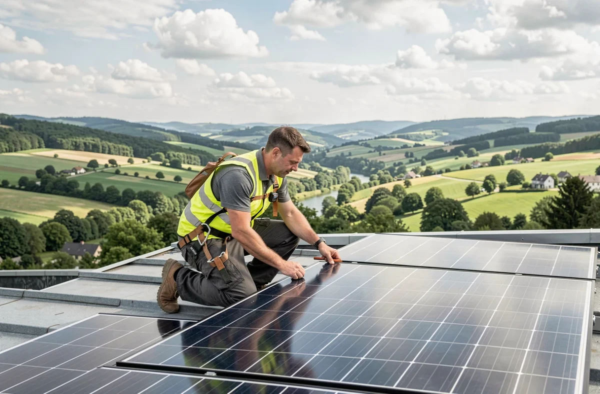 Technicien d'Enfinity PV10 installant des panneaux photovoltaïques sur un toit résidentiel dans le Doubs