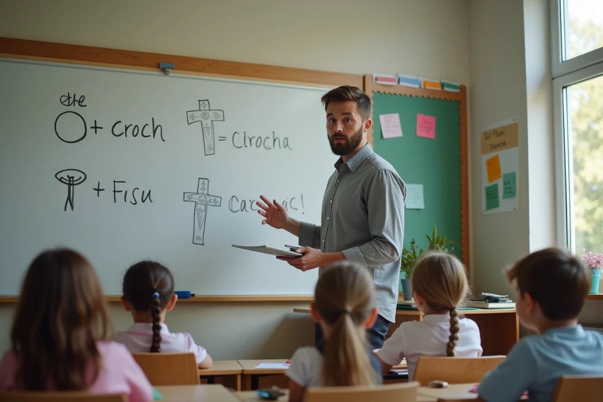 Enseignant expliquant les symboles des religions orthodoxe, protestante et catholique à des enfants dans une salle de classe