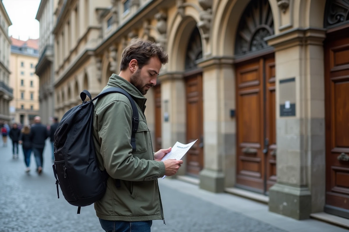 Homme consultant le programme d'un musée lyonnais à petit budget devant une façade historique