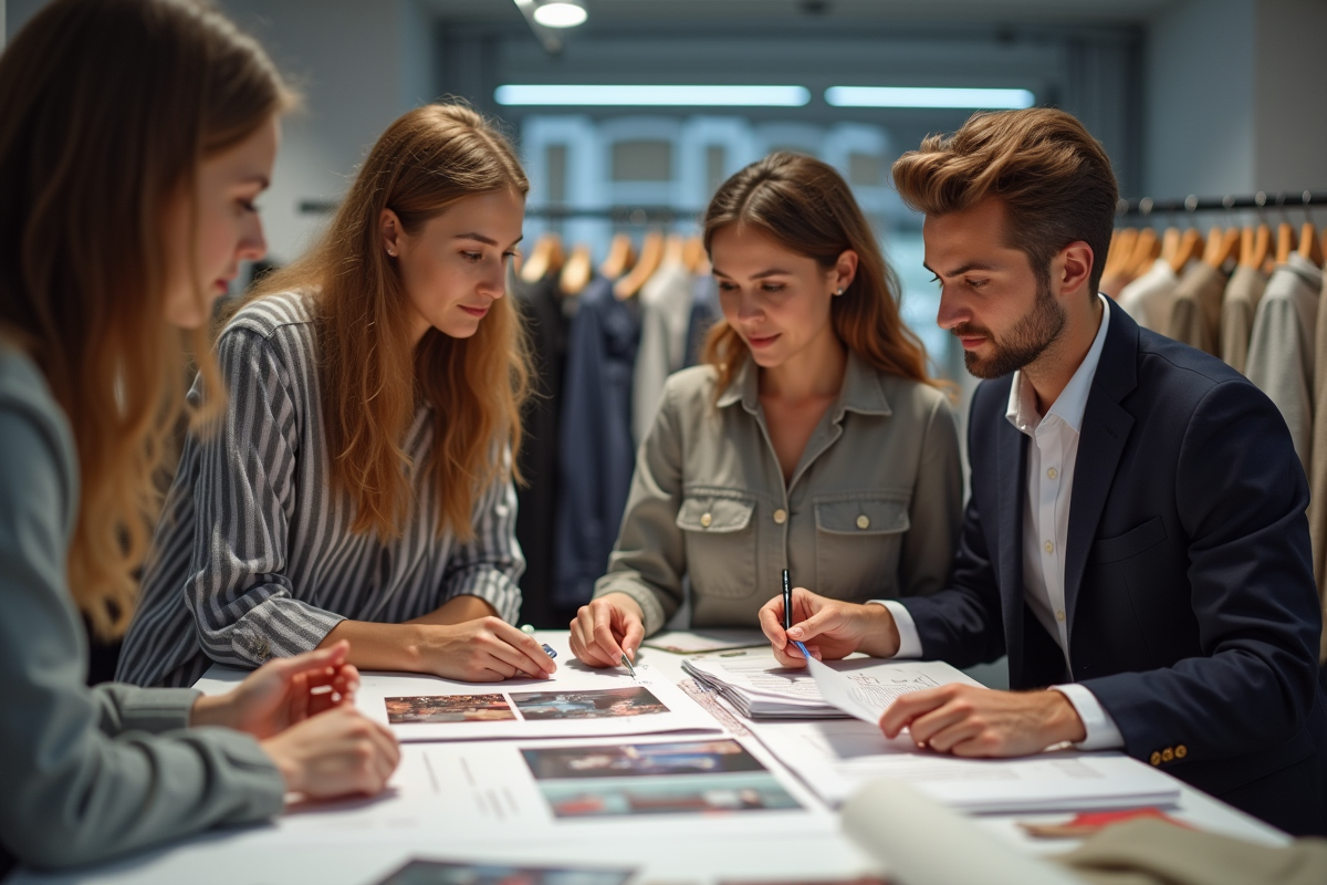 Equipe de mode en studio examinant echantillons et moodboards