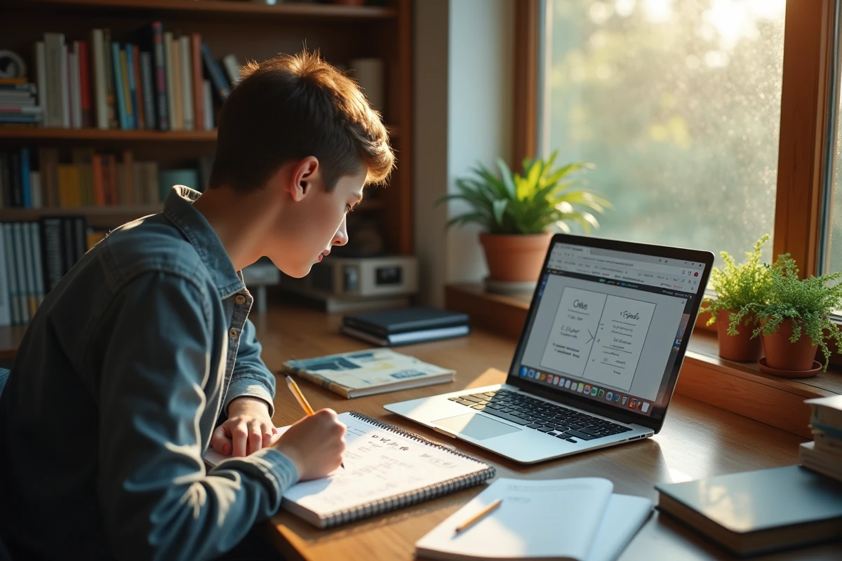 Étudiant utilisant un outil en ligne pour convertir des mètres cubes en litres avec des notes manuscrites