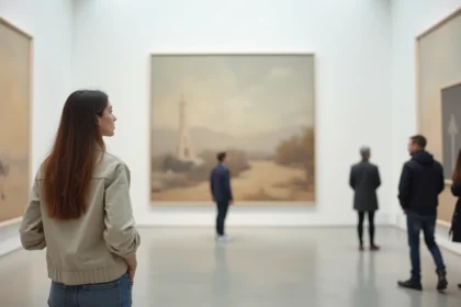 Jeune femme observant une œuvre d'art contemporaine dans une galerie d'exposition à Lyon