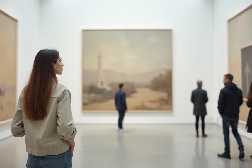 Jeune femme observant une œuvre d'art contemporaine dans une galerie d'exposition à Lyon