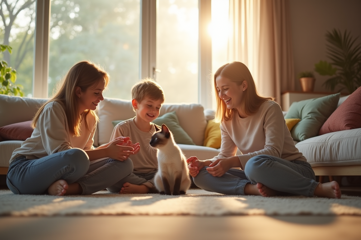 Famille heureuse jouant avec un chat siamois dans le salon
