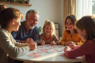 Famille multigenerational jouant au SkipBo dans le salon