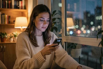Femme contemplative regardant l'heure 21h12 sur son téléphone près d'une fenêtre pluvieuse, thème rêves et signes de l'univers en amour