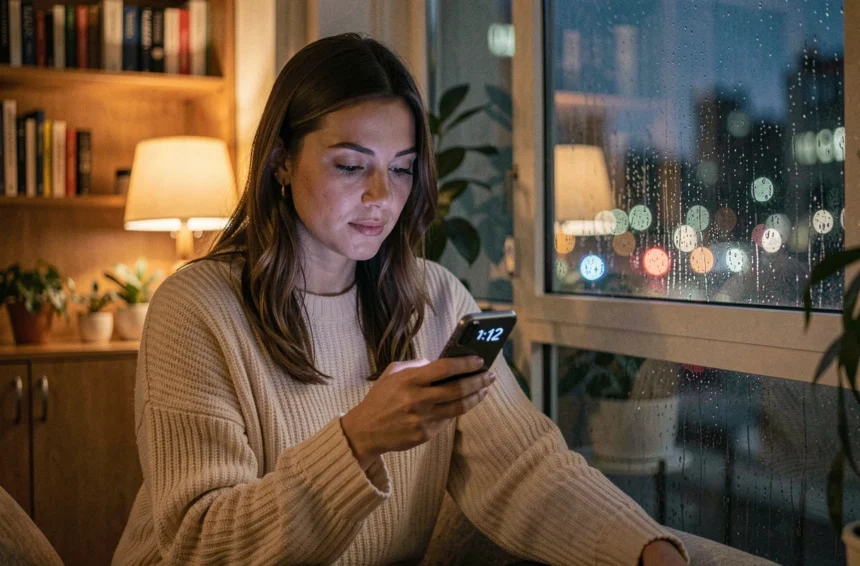 Femme contemplative regardant l'heure 21h12 sur son téléphone près d'une fenêtre pluvieuse, thème rêves et signes de l'univers en amour
