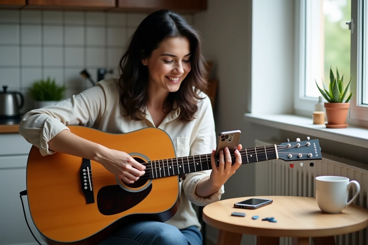 Femme apprenant rapidement les accords de guitare de Petite Marie grâce à une application mobile d'accords dans une cuisine moderne