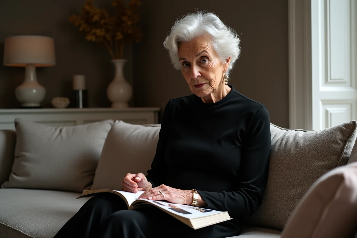 Femme âgée assise dans un salon parisien moderne