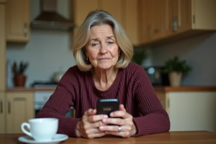 Femme d'âge mûr inquiète regardant un appel suspect affiché sur son smartphone en cuisine