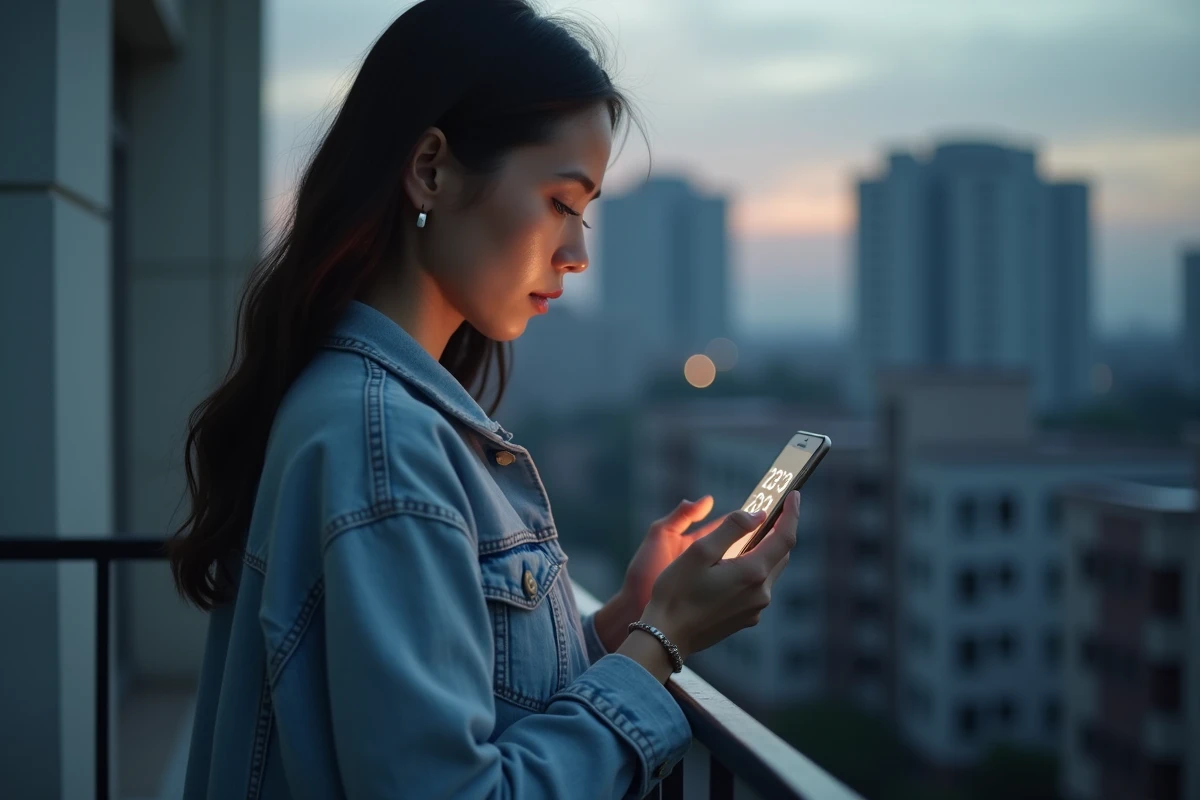 Femme regardant son smartphone sur un balcon urbain