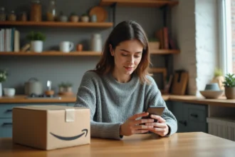 Femme consultant son smartphone face à un appel entrant inconnu avec un colis Amazon ouvert sur la table de cuisine