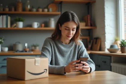 Femme consultant son smartphone face à un appel entrant inconnu avec un colis Amazon ouvert sur la table de cuisine