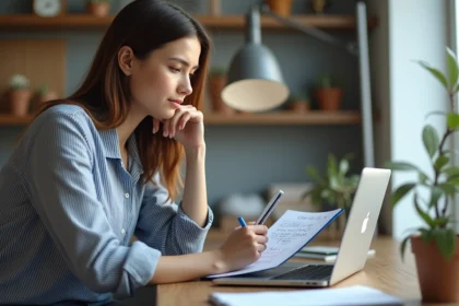 Jeune femme au bureau regardant son ordinateur portable