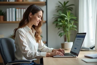Jeune femme au bureau travaillant sur un ordinateur portable