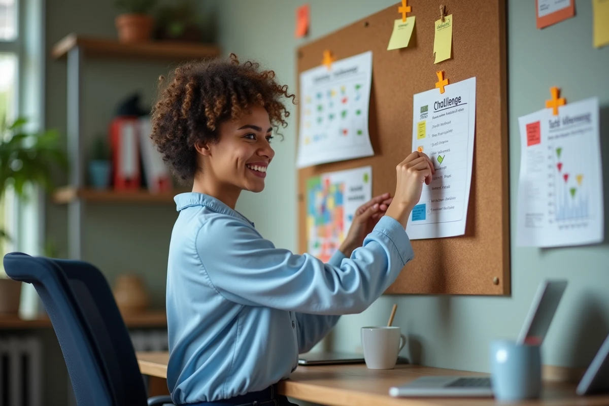 Femme au bureau mettant à jour un tableau de classement de défis entre collègues