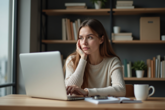 Jeune femme au bureau regardant son ordinateur portable