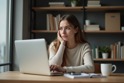 Jeune femme au bureau regardant son ordinateur portable