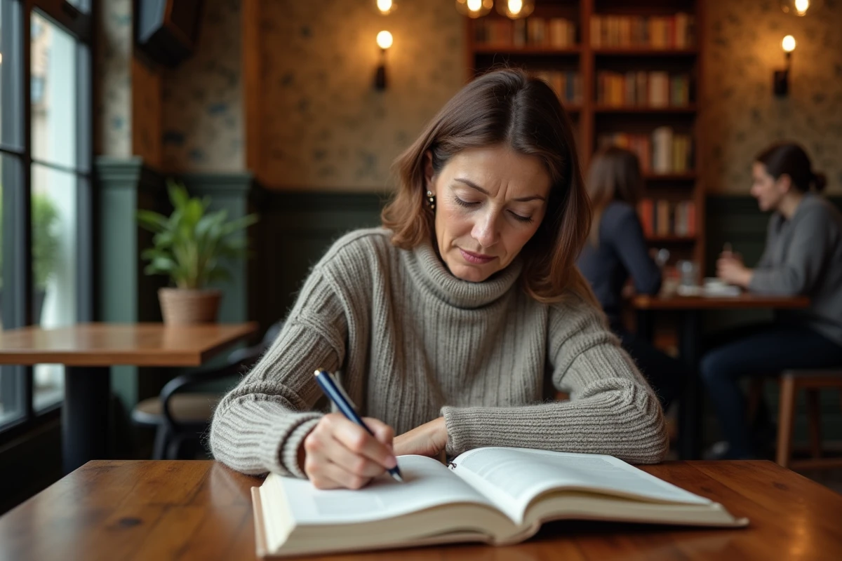 Femme lisant un livre italien dans un café chaleureux