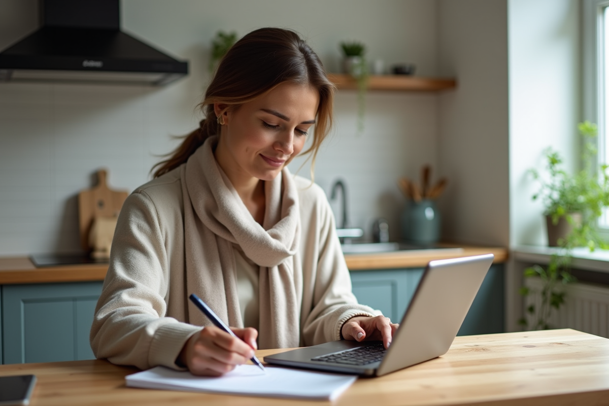 Femme calculant le prix d’un scooter dans sa cuisine