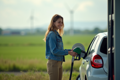 Jeune femme au biocarburant devant une pompe à la campagne